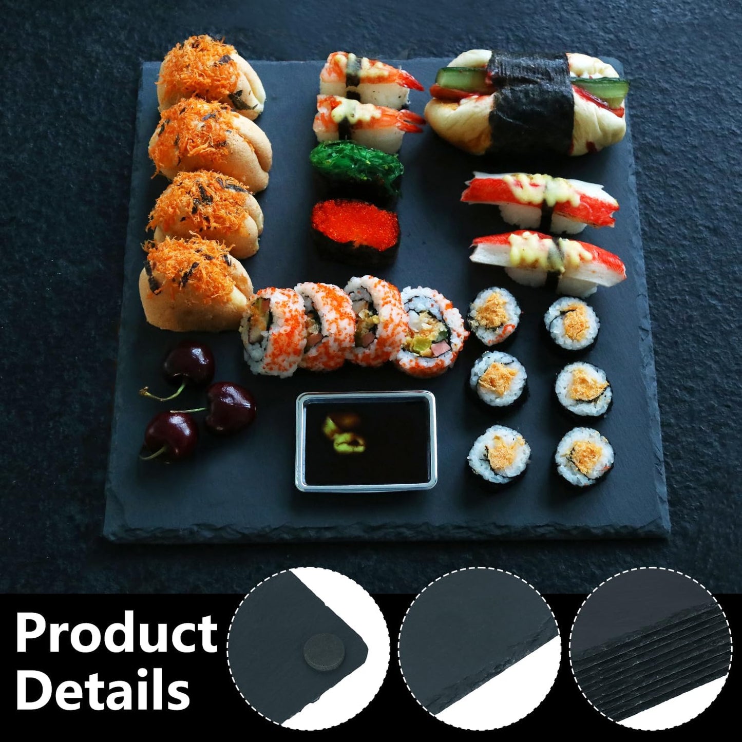 4 Pack 12 x 12 Inch Slate Cheese Boards, Black Square Slate Charcuterie Boards, Natural Charcuterie Stone Plates for Parties, Gifts, and Special Events, Cheese, Sushi, Food.