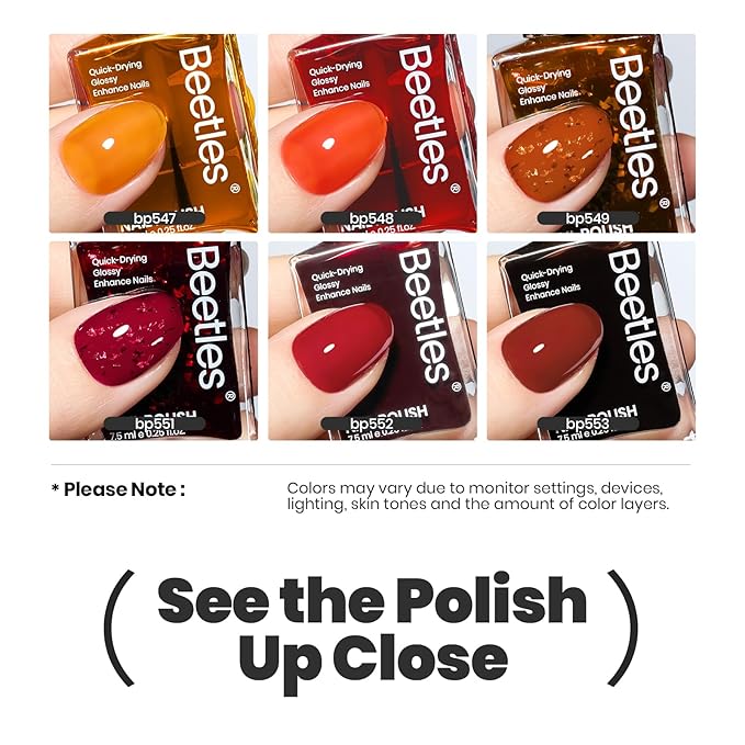 Beetles Fall Nail Polish Set - Golden Harvest 6 Colors Quick Drying Long-Lasting Burgundy Red Orange Jelly Glitter Nail Polish for DIY At-Home Manicure Christmas Gift for Women