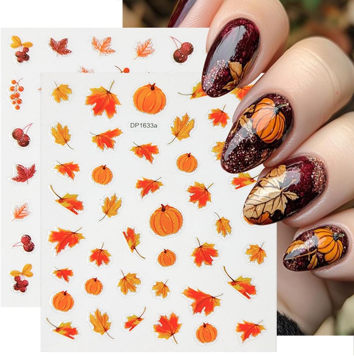 8 Sheets Fall Nail Stickers 3D Self-Adhesive Maple Leaf Nail Art Stickers for Nail Art Pumpkins Leaf Nail Design Autumn Nail Decals Thanksgiving Nail Art Supplies for Women Acrylic Nails Decoration