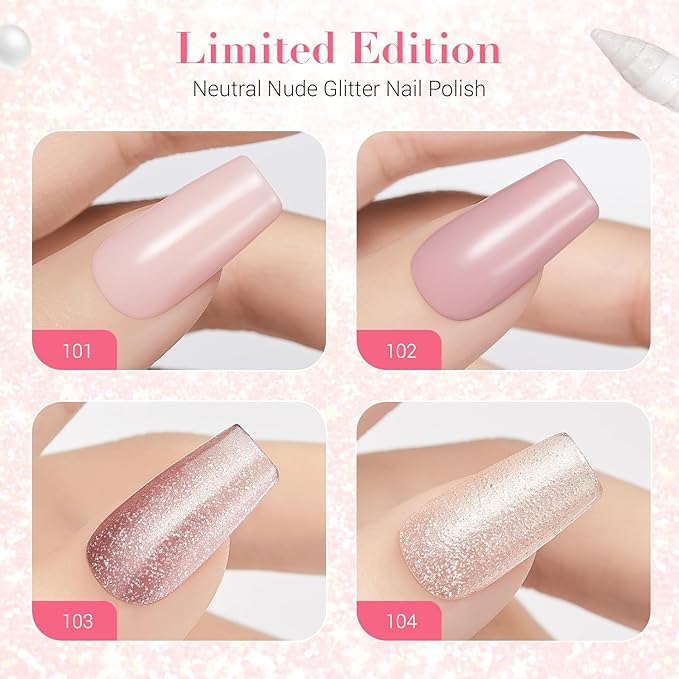 AZUREBEAUTY Nail Polish Set, 4 Colors Nude SKin Glitter Pearl Long Lasting All Season Quick Dry Natural Fingernail Lacquer Strengthening Treatment Kit 10ML with Top Coat DIY Salon at Home