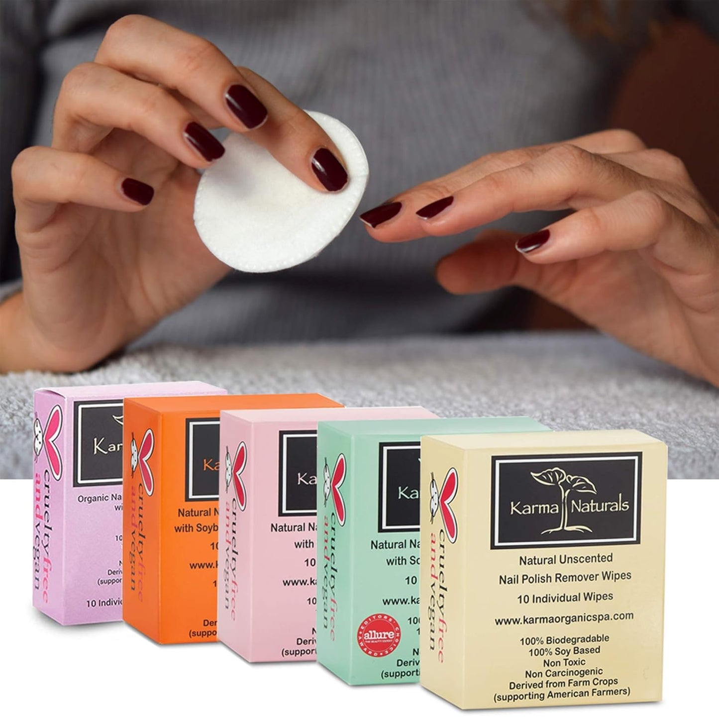 Karma Organic Natural Nail Polish Remover Pads/Wipes with Soybean Oil, Bundles Non-Toxic Vegan and Cruelty Free – bundle of 5/50 Wipes