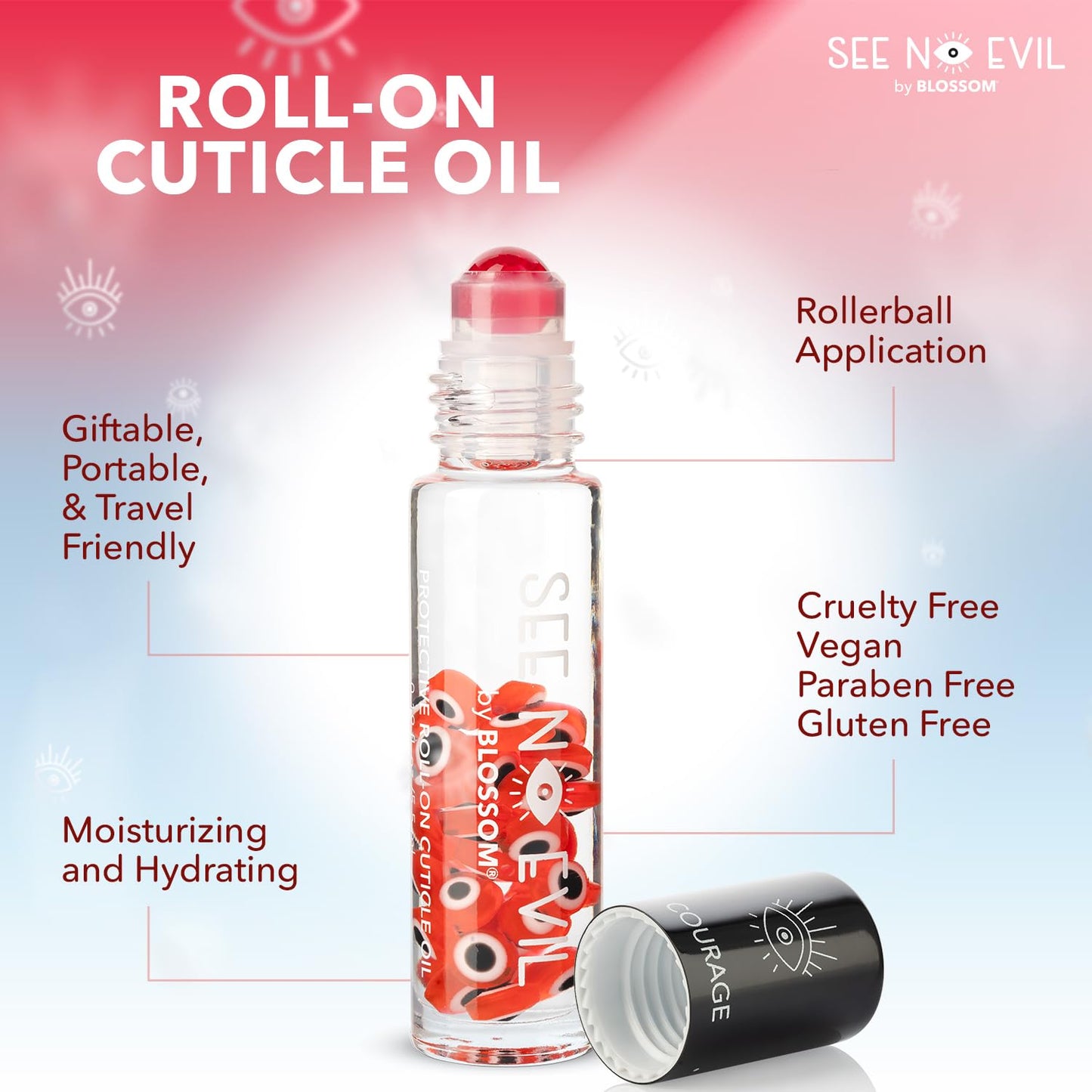 Blossom Cuticle Oil, See No Evil Scented Roll on Cuticle Oil for Nails, Rollerball Application for Nail Support, Cruelty Free, 0.19oz, Courage Rose