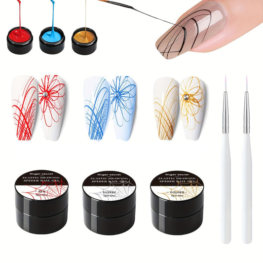 5g/0.18oz Spider Nail Gel Kit for Nail Painting Nails Art Design for Art Wire Drawing Nail Gel for Line with Brushes (Red Golden Blue)