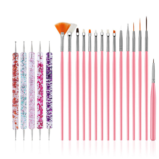 20 Pcs Nail Art Design Tools, 15 Pcs Nail Art Painting Brushes with 5 Pcs Double-end Nail Dotting Tools