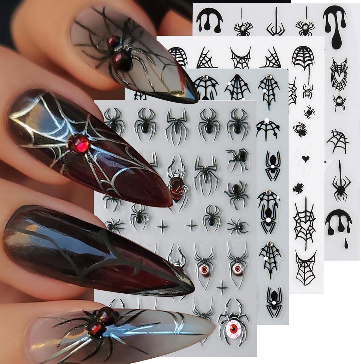 4 Sheets Halloween 5D Embossed Spider Nail Stickers for Nail Art Exquisite Glitter Rhinestones Nail Design Stickers Self-Adhesive Evil Eye Nail Decals Holiday Nail Art Decoration for Women DIY Set