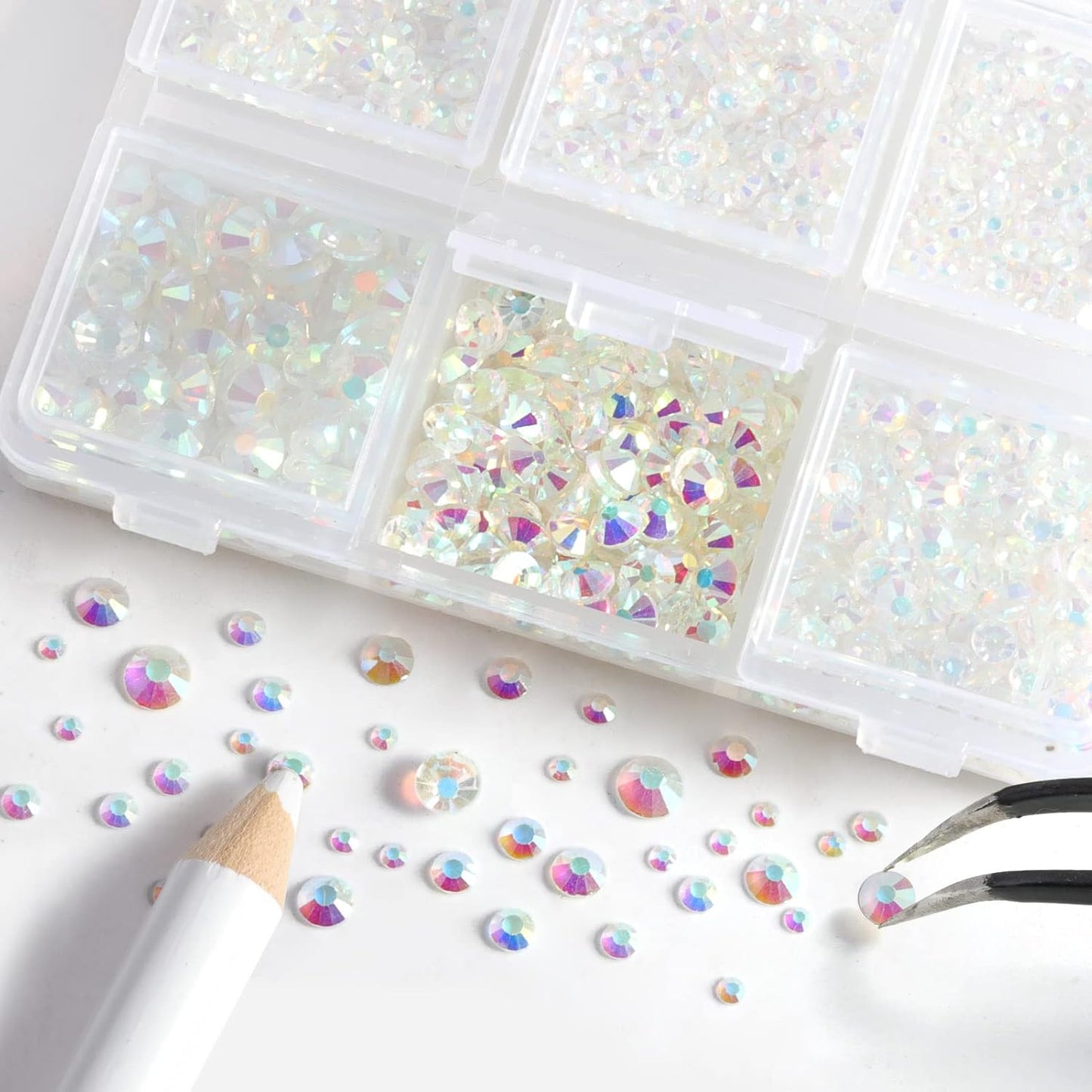 Beadsland 4300pcs Flatback Rhinestones,Transparent AB Rhinestone Nail Gems Round Crystal Rhinestones for Crafts,Mixed 6 Sizes with Picking Tweezers and Wax Pencil Kit, SS6-SS20,Transparent AB