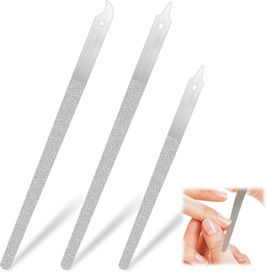 3PCS Diamond Dust Nail File, Fingernail Files with Pointed Tip, Fingernail Files with Pointed Tip/Nail Dresser for Manicure, Double Side Fingernail Toenail Files, Stainless Steel Nail Filer (2 Size)