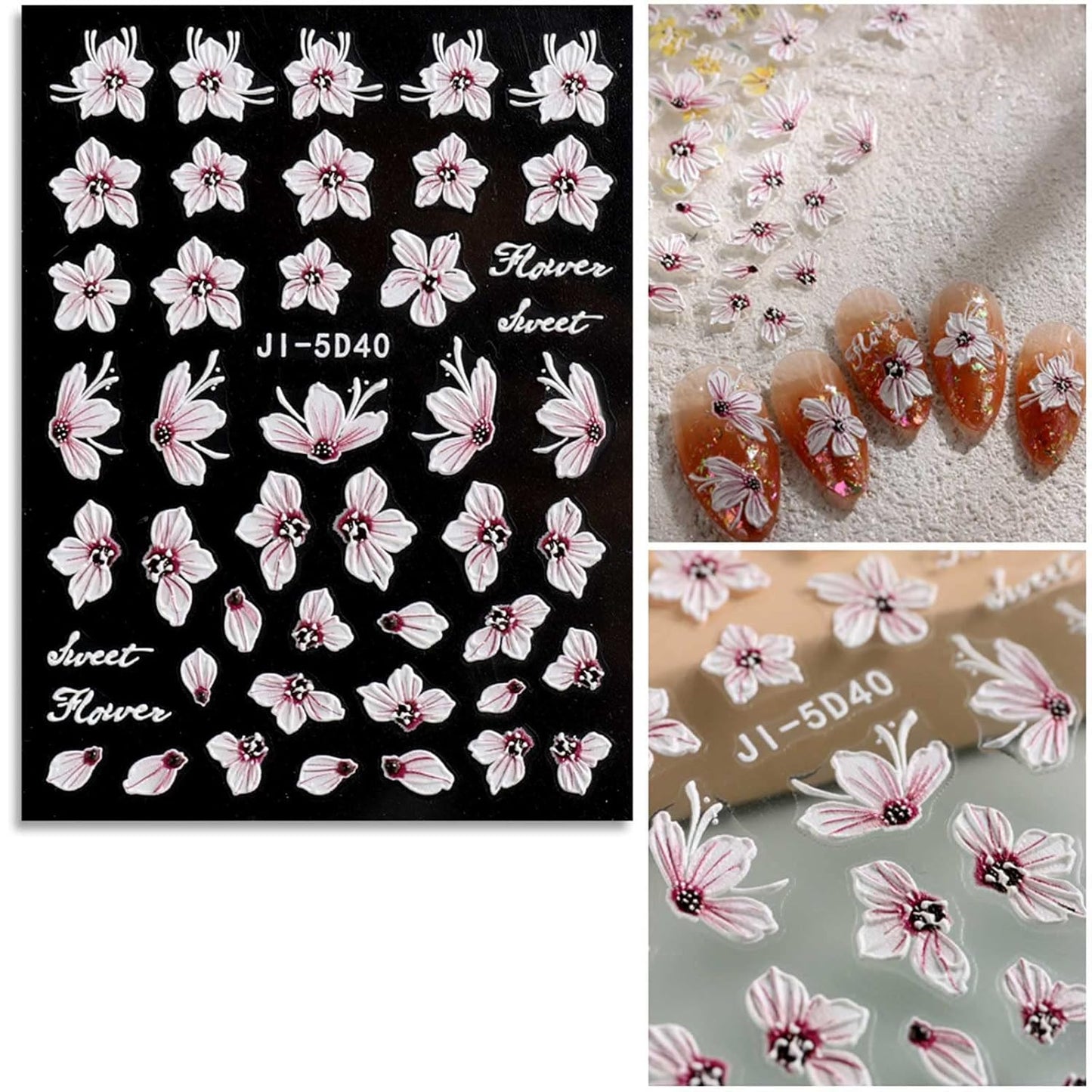 JMEOWIO 3D Embossed Spring Flower Nail Art Stickers Decals Self-Adhesive Pegatinas Uñas 5D Colorful Summer Floral Nail Supplies Nail Art Design Decoration Accessories 4 Sheets