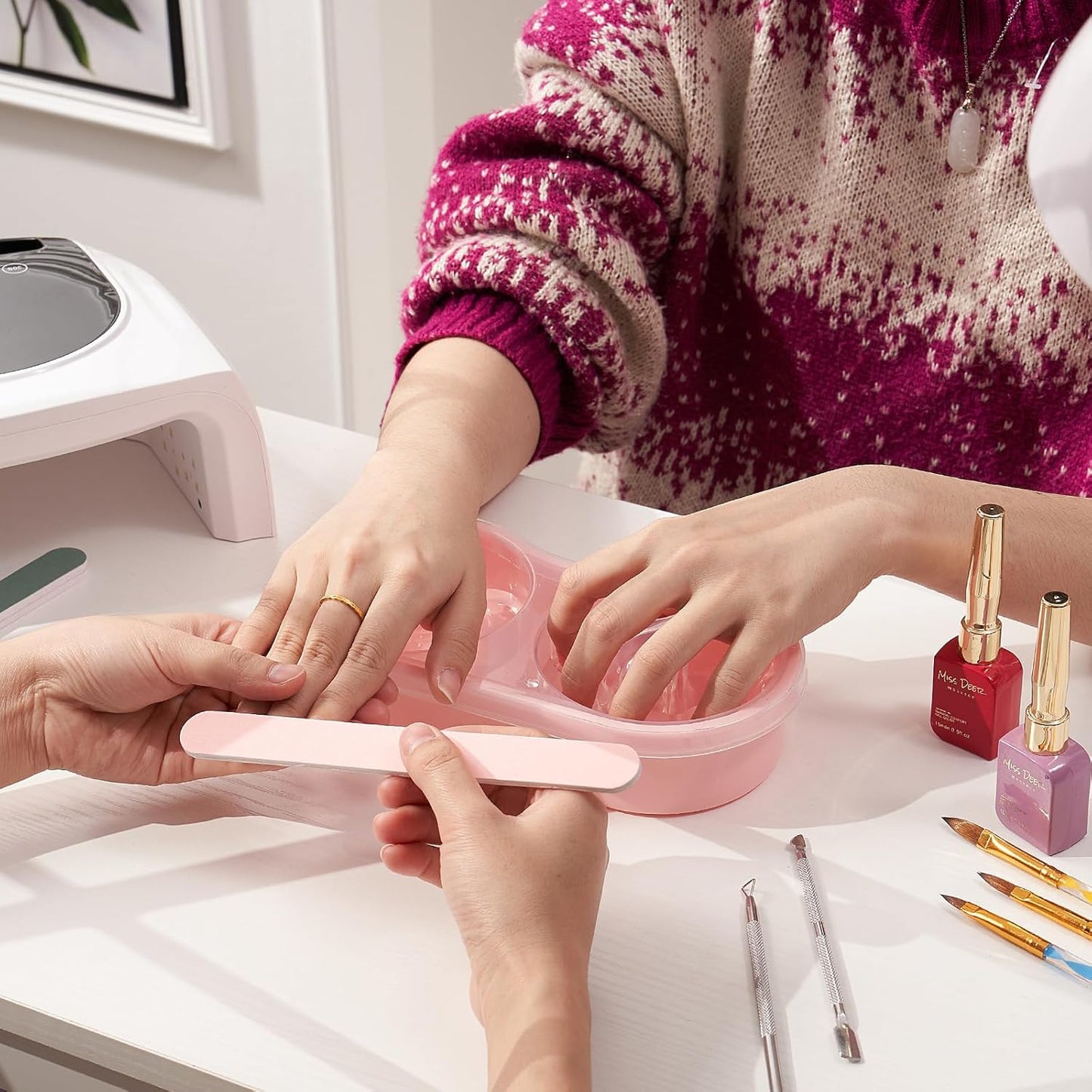 Dual Nail Soaking Bowl Acetone Proof: Soak Off Gel Nail Polish Dip Powder Remover Bowl- Cut the Soaking Time in Half Manicure Bowl for Salon Home (D2-Pink)