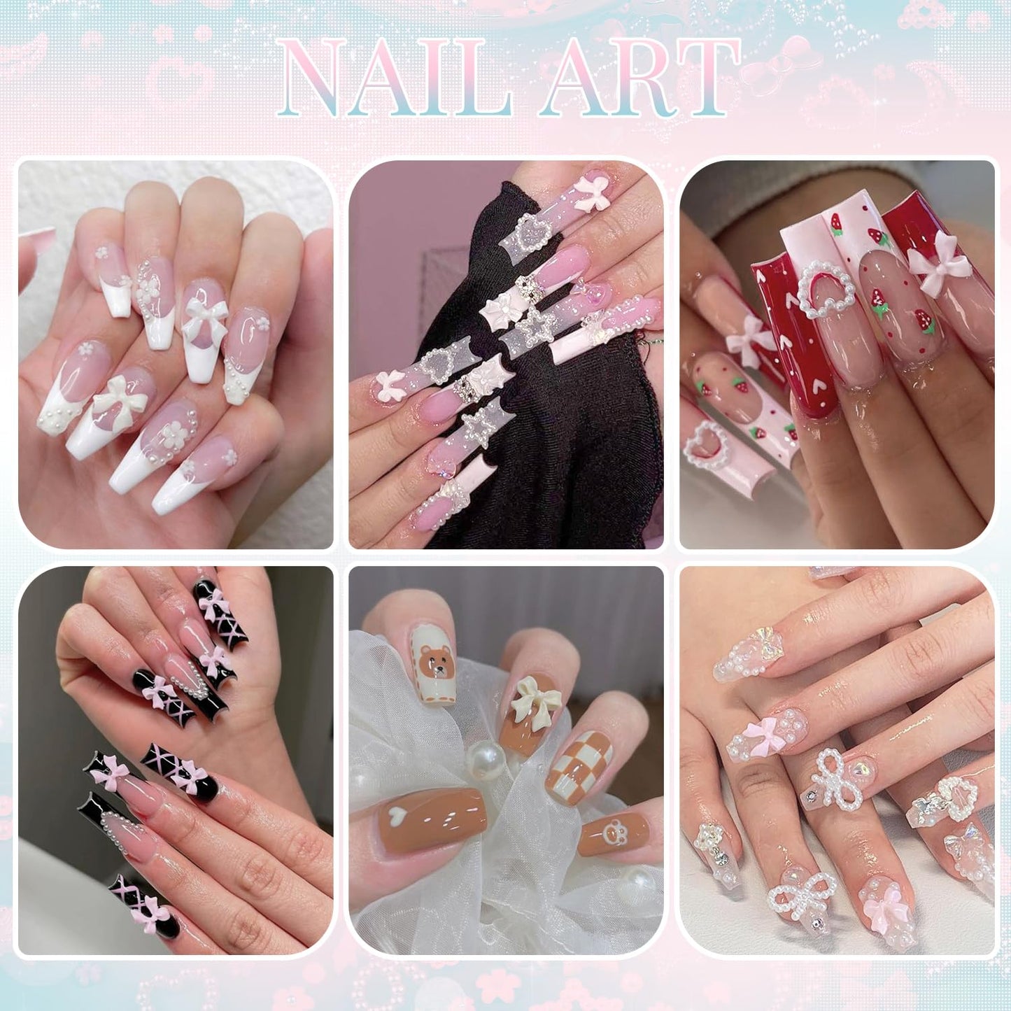 3D Nail Charms for Coquette Nails Design Set 4, Colorful Nail Bows + Assorted Pearl Heart Star Moon Bowknot Cute Nail Jewels + 3D Flower Charms and Nail Pearls, with Picker Tools for Nail Decor