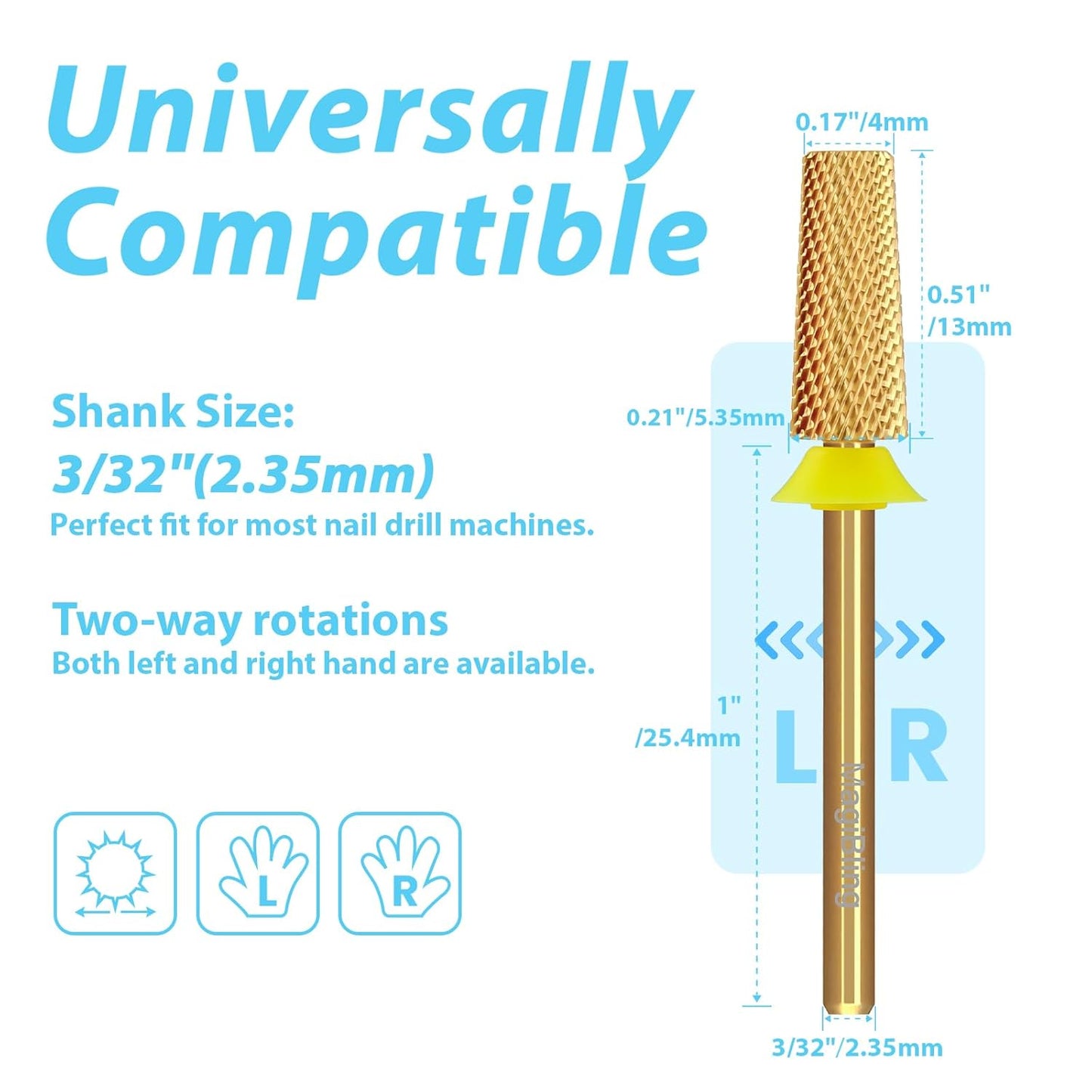 Tungsten Carbide Cross Cut Small Tapered Barrel Nail Drill Bits, Professional 3/32'' Safety Bits, Both Hands Use, Remove Gel Fast, Manicure Pedicure Cuticle Gel Polishing, Extra Fine.