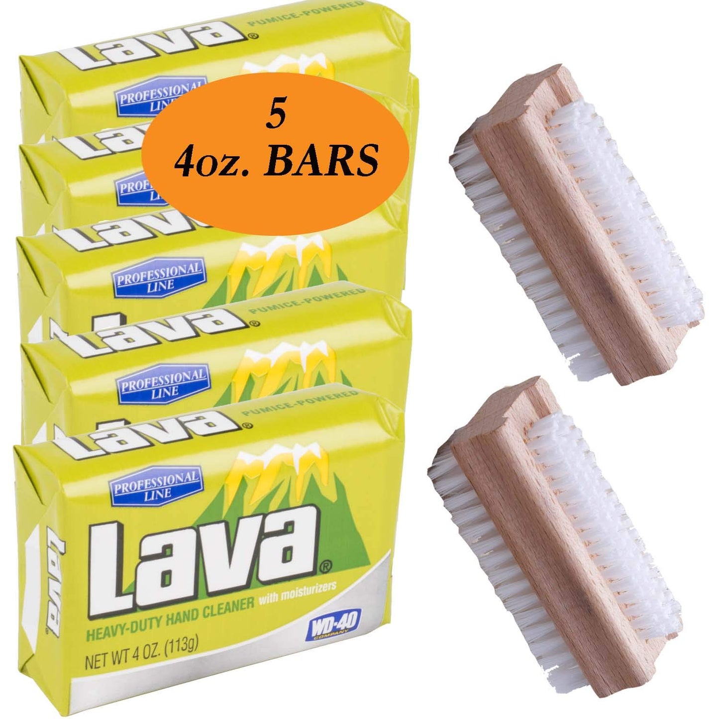 Lava Hand Cleaner Heavy-Duty Pumice (Professional Line) soap with Moisturizers, 5-bars [4 OZ each] and 2 Wooden Nail Brushes