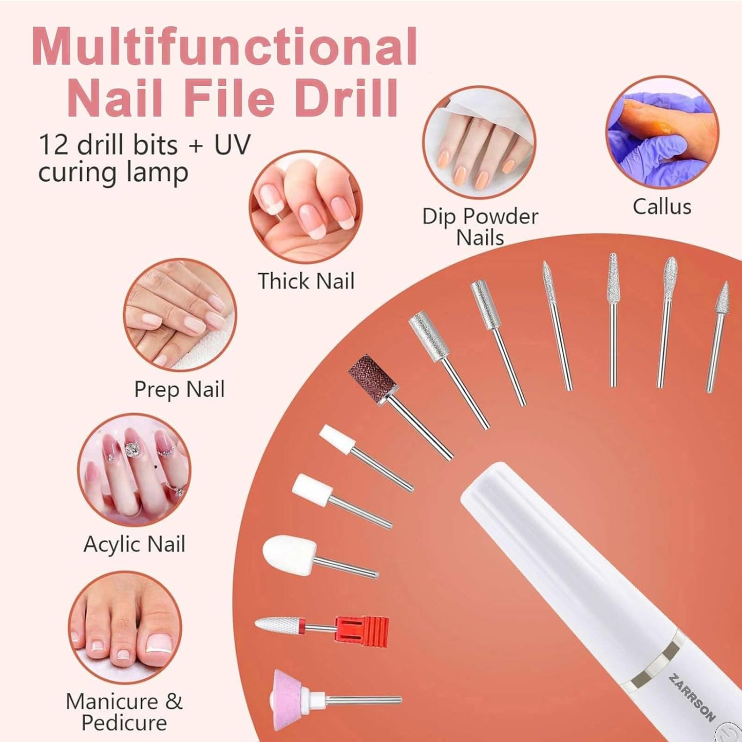 Electric Nail Filer, Professional Nail Drill Kit, Electric Nail Drill Kit, Portable File for Acrylic Gel Nails, Cordless Nail File Electric Manicure Pedicure Tools with Drill Bits for Home Salon