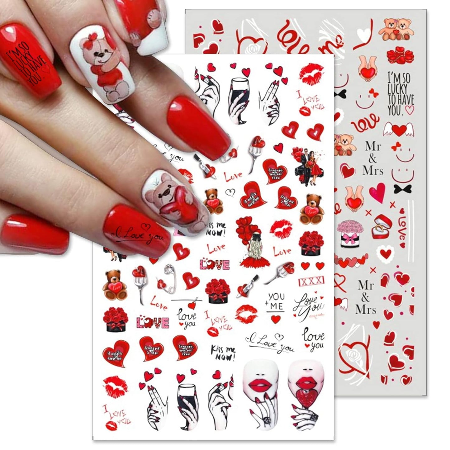 TailaiMei Valentine's Day Nail Stickers, 10 Sheets Self-Adhesive Nail Art Decals for DIY Nail Decorations, Cartoon Design for Teddy Bears, Sexy Breasts (Cartoon Style)