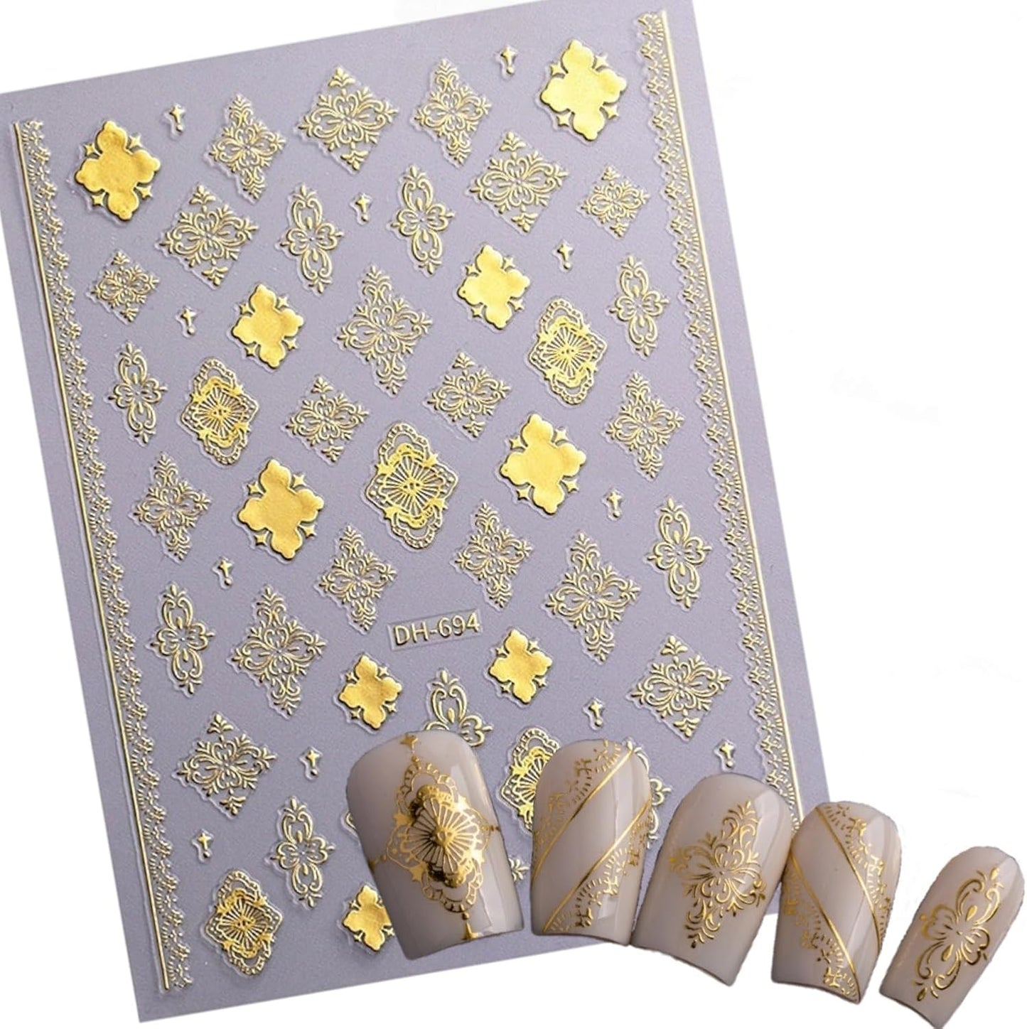 Baroque Style Nail Stickers, Bohemian Vintage 3D Embossed Nail Art Decals with Adhesive Backing for Women A Set of 3 Sheets