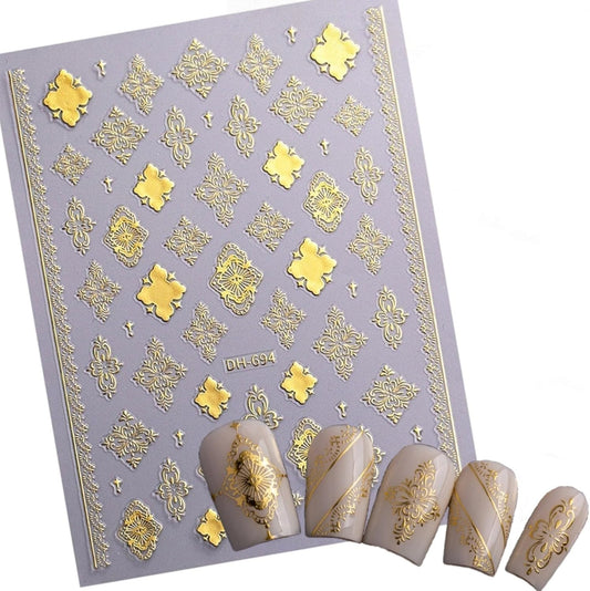 Baroque Style Nail Stickers, Bohemian Vintage 3D Embossed Nail Art Decals with Adhesive Backing for Women A Set of 3 Sheets