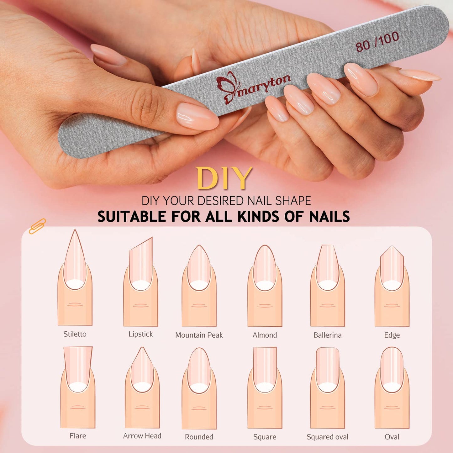 Maryton Coarse Nail File 80/100 Grit Emery Boards for Poly Gel Acrylic Nails, 12 PCS Professional Double Sided Wood Finger Nail Files Set Manicure Tools