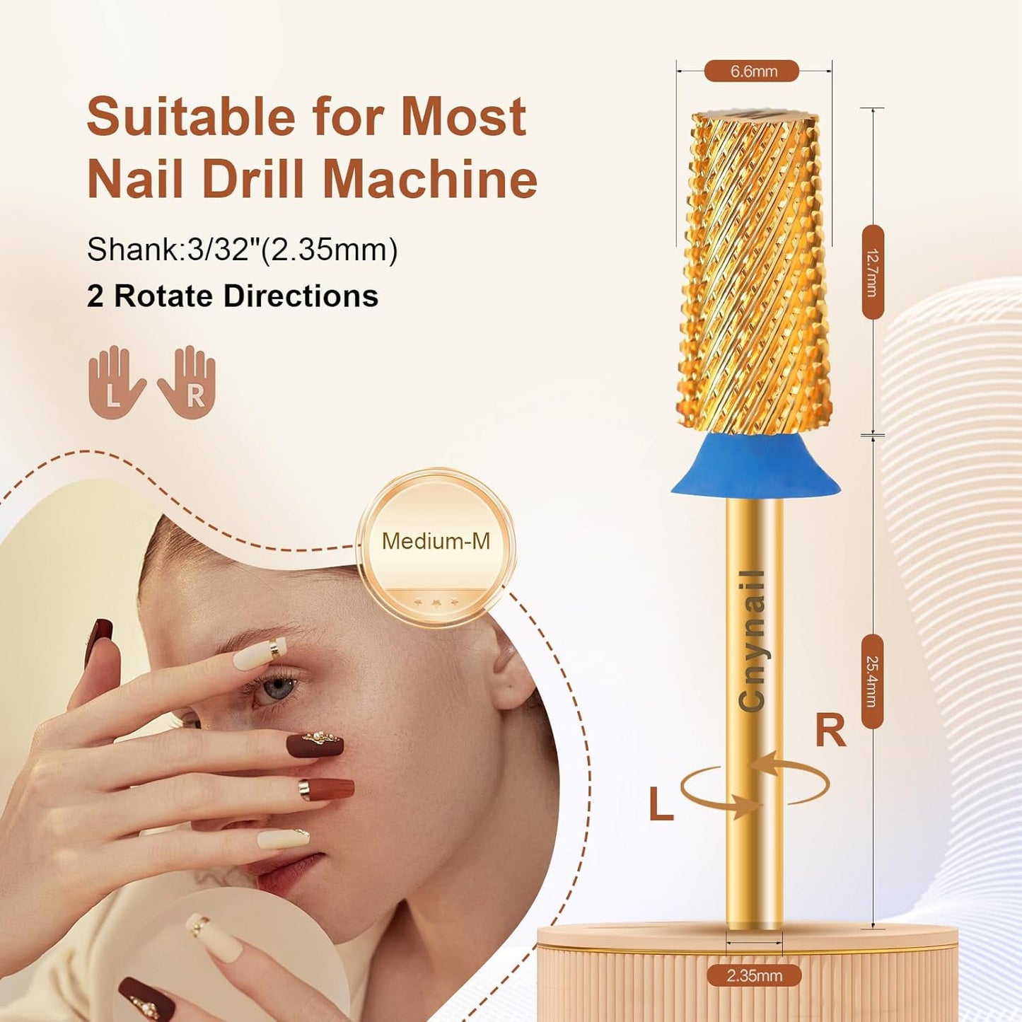 3/32" Large Tapered Barrel Flat Bit Tungsten Carbide Nail Drill Bit Safety Bit for Gel & Acrylic Removal, 2- Way Rotating Efile Tip, Salon Electric File Accessory (M Girt, Gold)