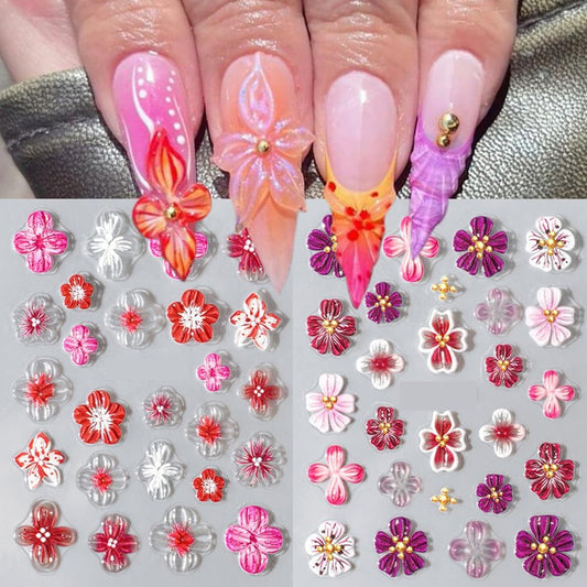 Flower Nail Art Stickers, 5D Embossed Hibiscus Flower Nail Decals Colorful Aurora Gradient Ice Transparent Flowers Design Self-Adhesive Summer Stickers DIY Engraved Manicure Foils Nail Art 2 Sheets