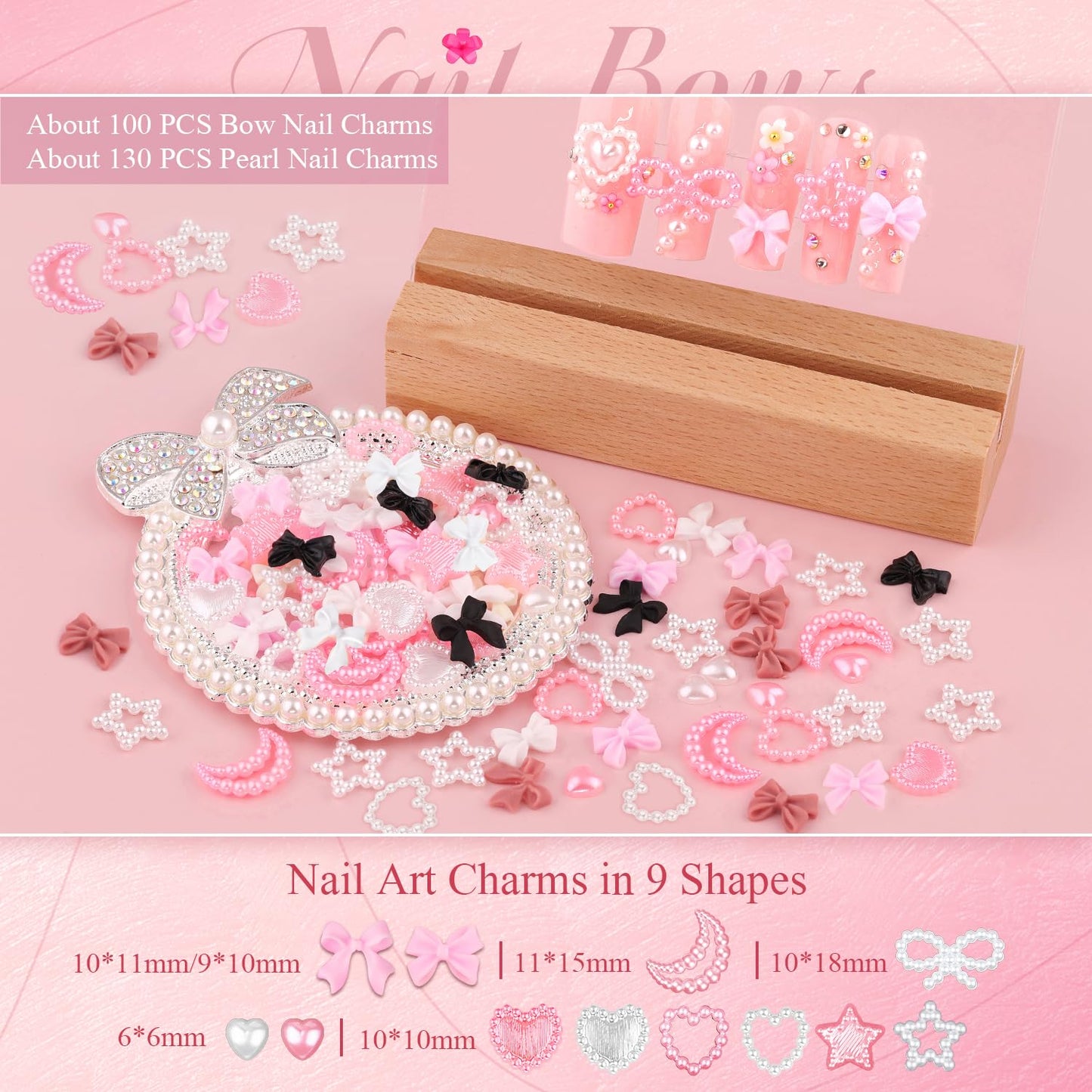 Chunky Nail Charms and Gems Set 2 with Rhinestone Glue, Girly Coquette Nail Charms + Assorted Pearl Bows Heart Star Moon + Cute 3D Flowers for Nails + Flatback Pearls with Tools for Kawaii Nail Design