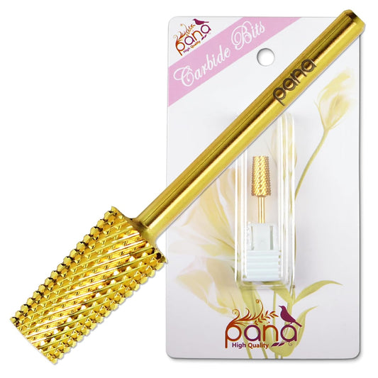 PANA Tapered Barrel Carbide 3/32" Shank Size - (Gold, Medium Grit) - Fast remove Acrylic or Hard Gel Nail Drill Bit for Manicure Pedicure Salon Professional or Beginner