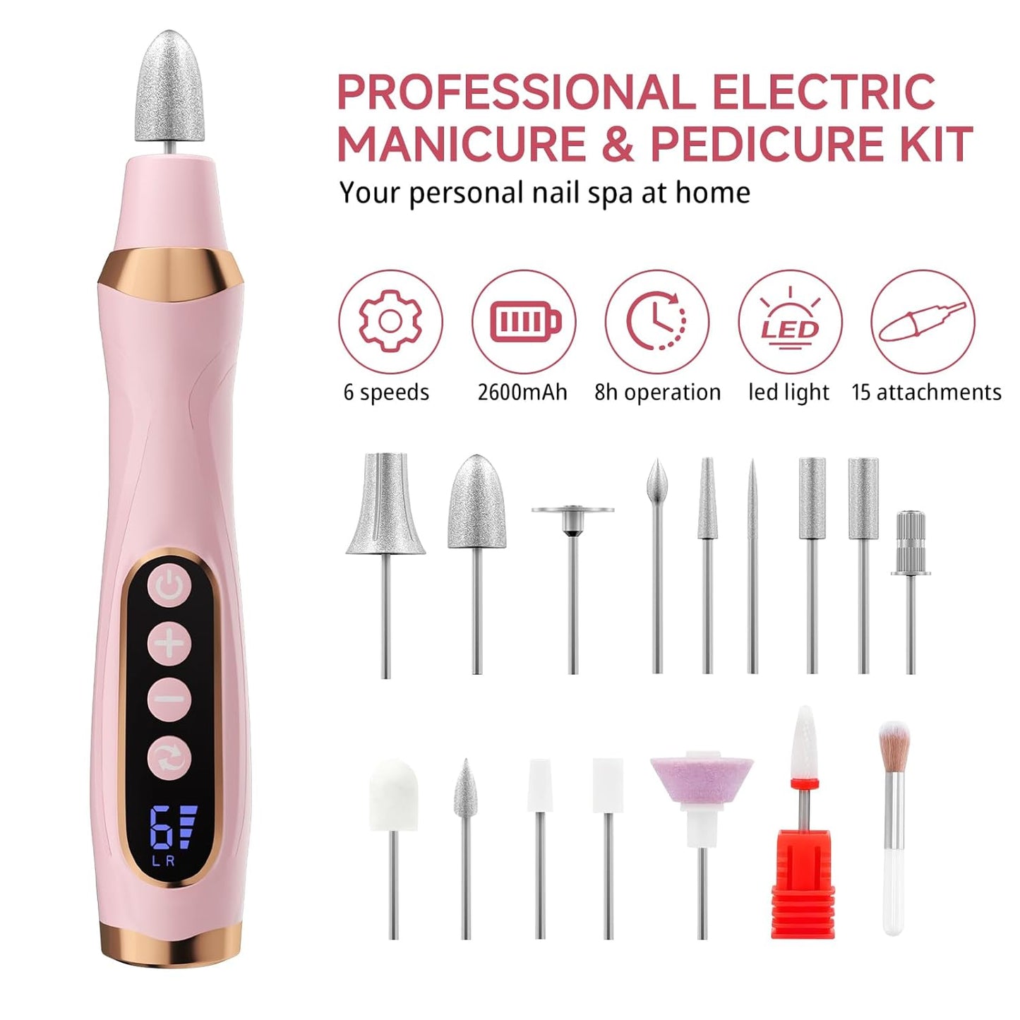 Professional Manicure Pedicure Kit, Electric Nail Drill with 360° LED Light & 6 Speeds, Nail File Pedicure Tools for feet, Toenail Grinder for Thick Nail Toenail Cuticle Women Baby Pets