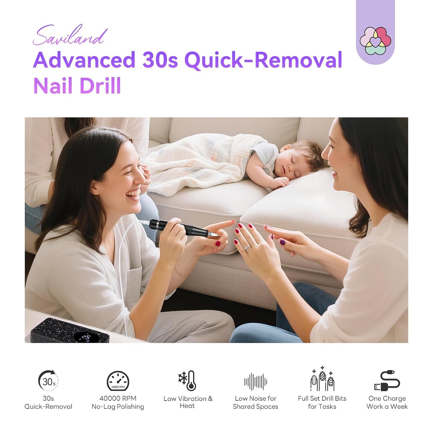 SAVILAND Professional Nail Drill 40000 RPM: Portable Electric Nail Drill Kit File Machine with Ceramic Nail Bit Sanding Bands for Quick Acrylic Removal Manicure Salon Home Use, Black Diamond