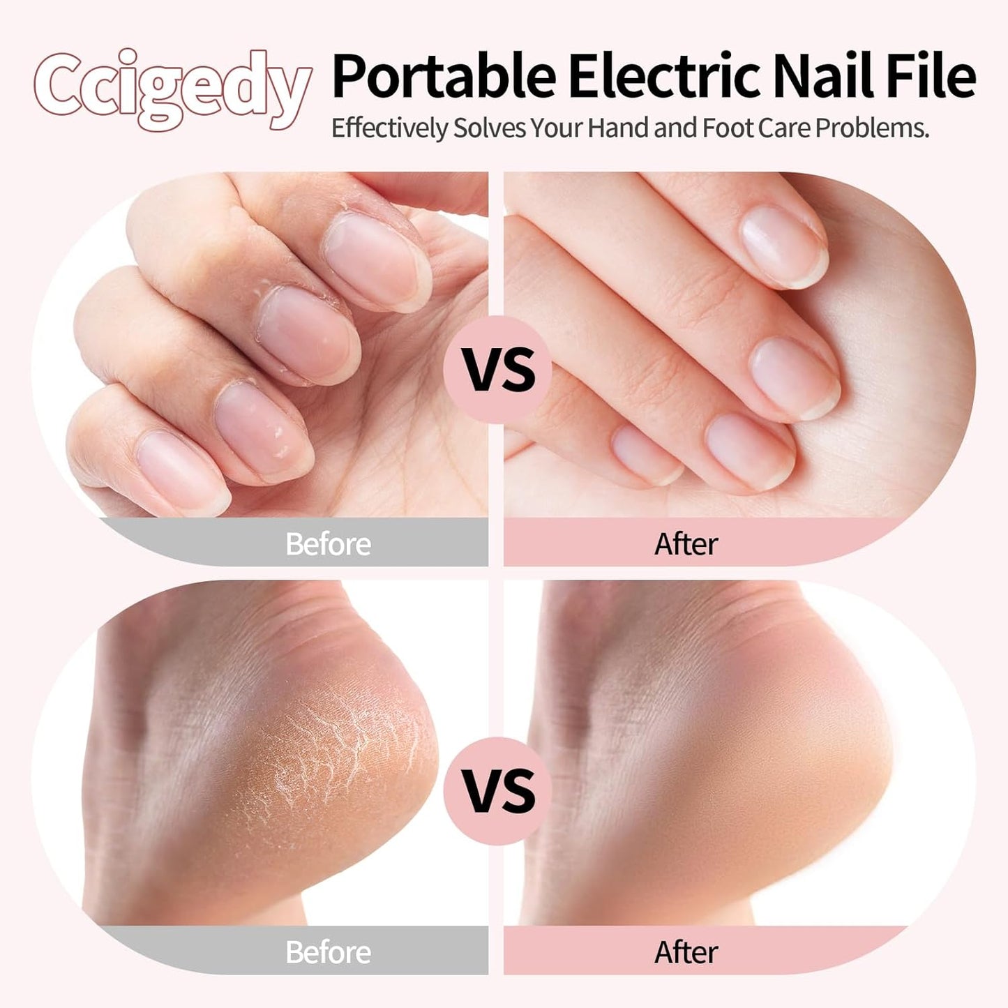 Professional Manicure Pedicure Electric Toenail Grinder Kit - Cordless Electric Nail File Set for Thick Nails Hand Feet Care ,15 Speed,Nail Drill with LED Display Ideal Gift for Men and Women-Pink