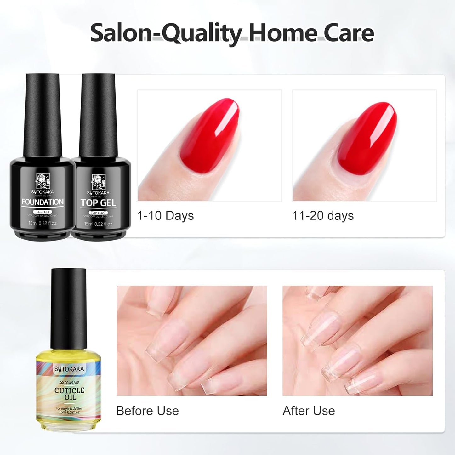 3Pcs 15ml Base Top Coat Set with Cuticle Oil Soak-Off UV Cured Glossy Top Gel Base Coat No Wipe Combination Fast Air Dry Nail Care Nutritive Oil for Manicure Pedicure Nail Supplies