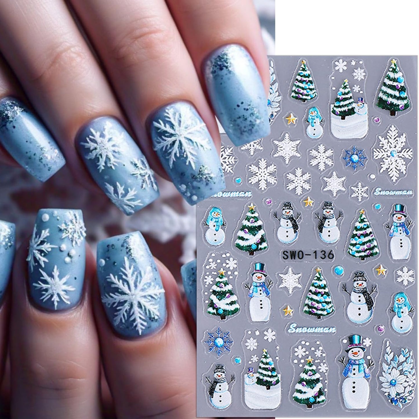 2 Sheets 5D Christmas Nail Stickers for Nail Art Self-Adhesive Embossed Winter Snowman Christmas Tree Snowflakes Xmas Gingerbread Man Nail Decals New Year Nail Design Sticker for Women DIY Manicure
