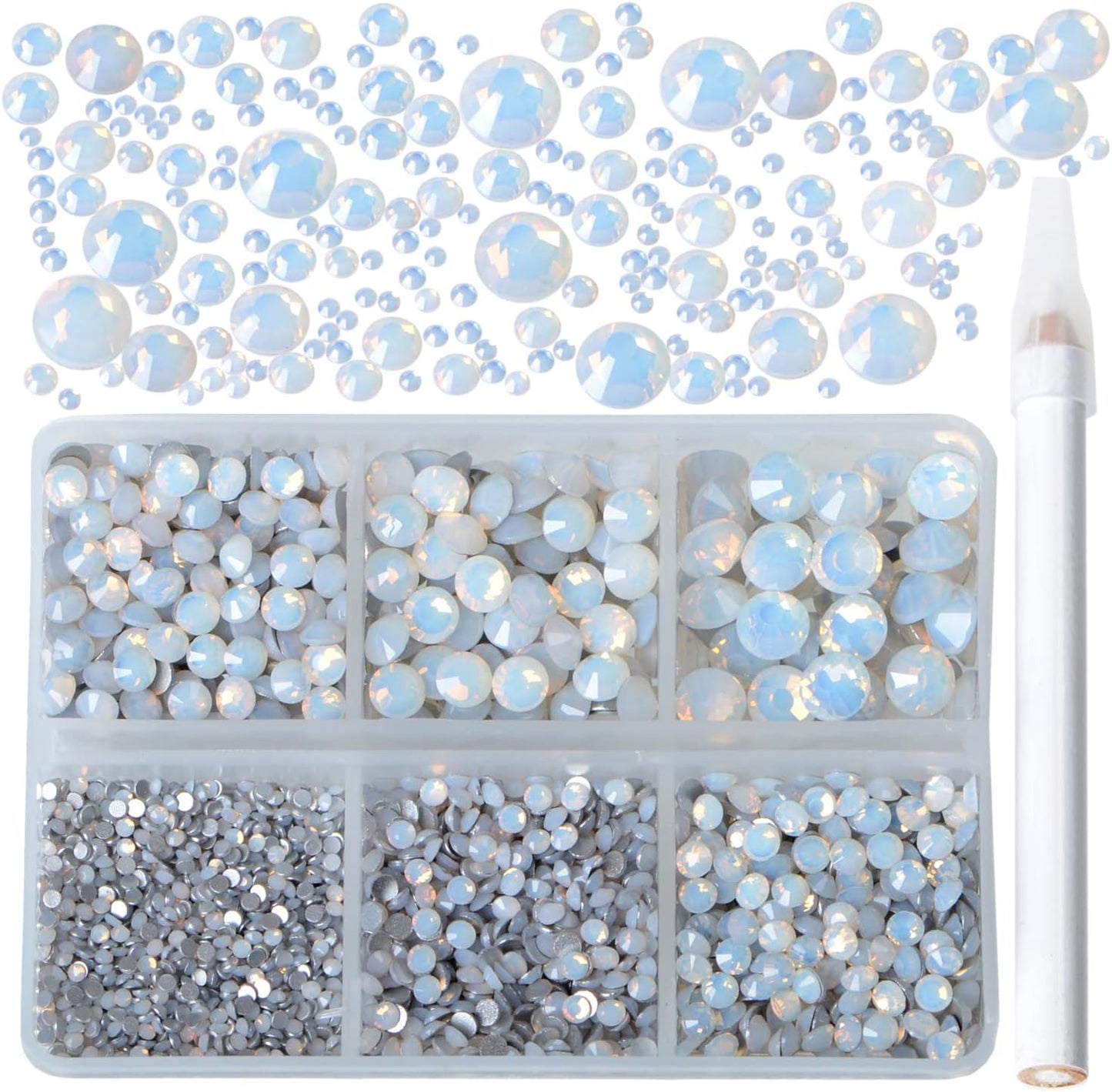Bymitel 5000 Pieces 6 Mixed Sizes Glue Fix on Glass Rhinestones Round Crystal Gems Flatback for DIY Jewelry Making with one Picking Pen(6-Sizes 5000PCS, White Opal)
