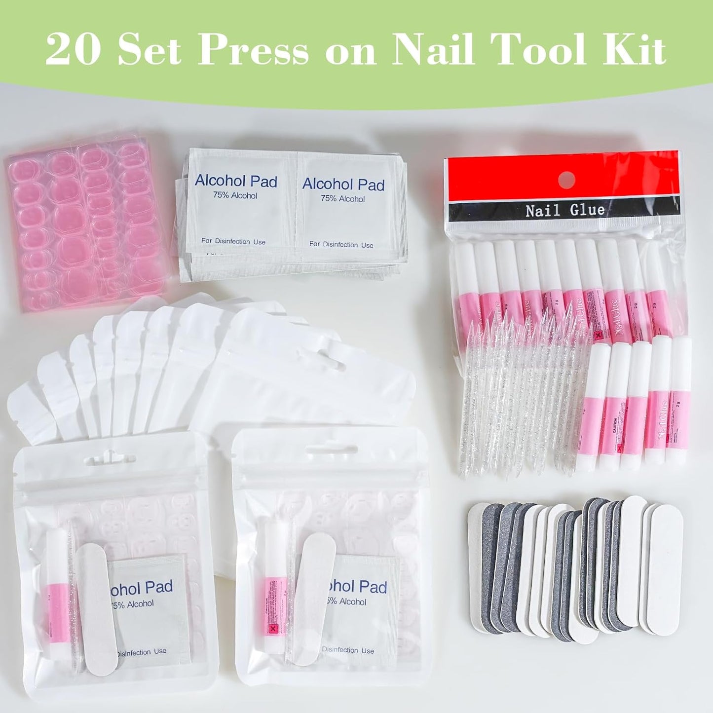 Press On Nail Tool Kit with Everything, Bebbtiy Press On Nail Prep Tool Kit Disposable Manicure Kit with Nail File, Nail Glue, Prep Pads, Adhesive Nail Tabs, Wood Stick, Packaging Bag (20pcs-white)