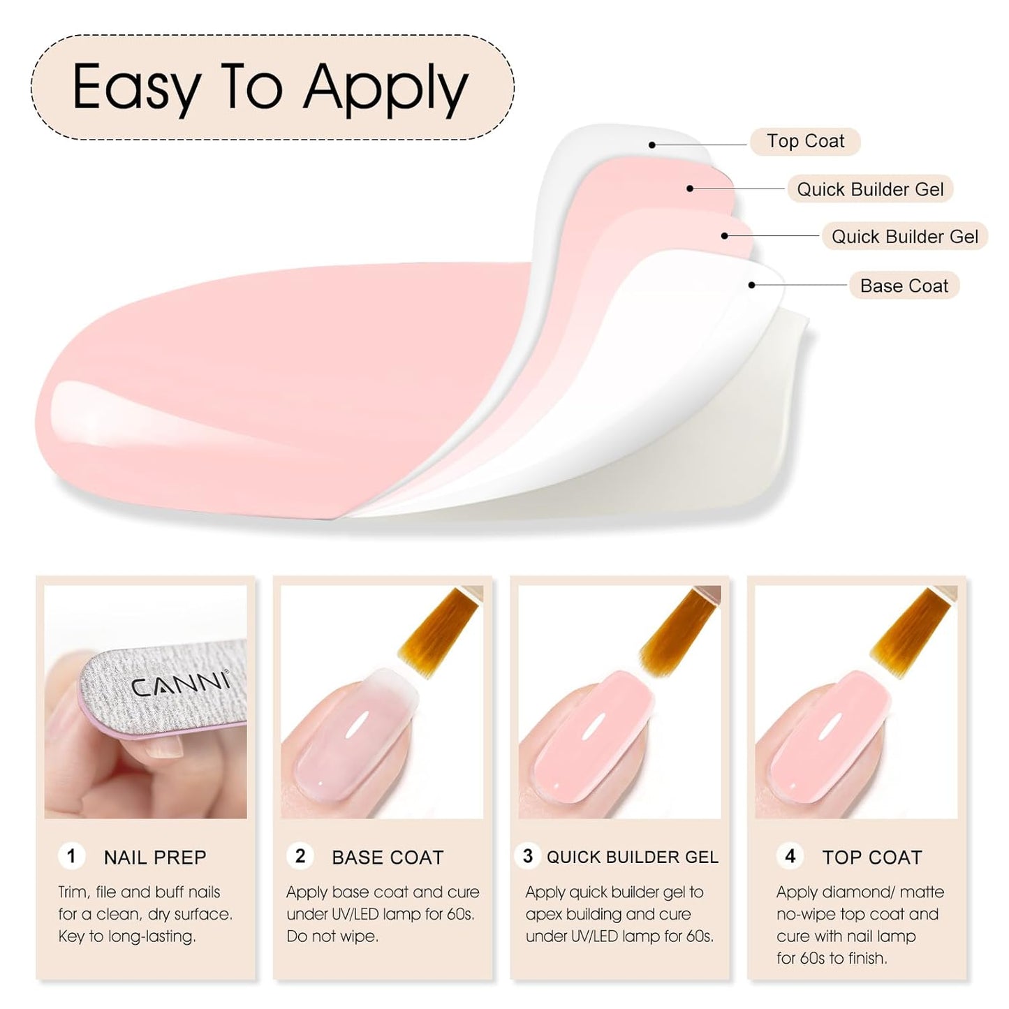 CANNI Quick Nail Builder Gel for Nails – 9ML Soft Pink Soak-Off Nail Strengthening Gel for Apex Building DIY UV LED Manicure