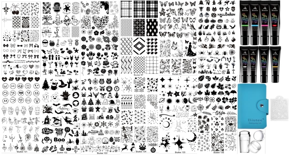 Biutee Nail Stamping Plate Set 12PCS Nail Art Stamp Plates 8PCS Stamping Nail Gel Polish, Nail Stamper and Scraper, Halloween Christmas Butterfly Leaves Bow Design Nail Stamping Kit with Storage Bag