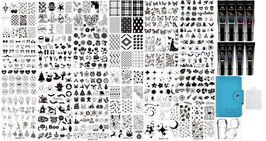 Biutee Nail Stamping Plate Set 12PCS Nail Art Stamp Plates 8PCS Stamping Nail Gel Polish, Nail Stamper and Scraper, Halloween Christmas Butterfly Leaves Bow Design Nail Stamping Kit with Storage Bag