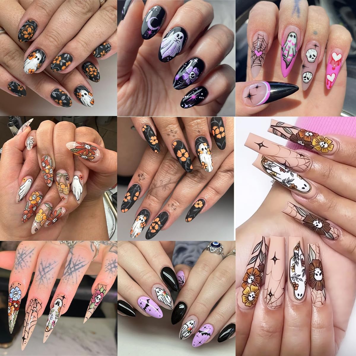 8 Sheets Halloween Nail Art Stickers Decals 3D Self-Adhesive Heart Spider Web Pumpkin Skull Flower Nail Decals Cute Ghost Nails Decorations Gothic Nail Stickers for Women Halloween Manicure Supplies