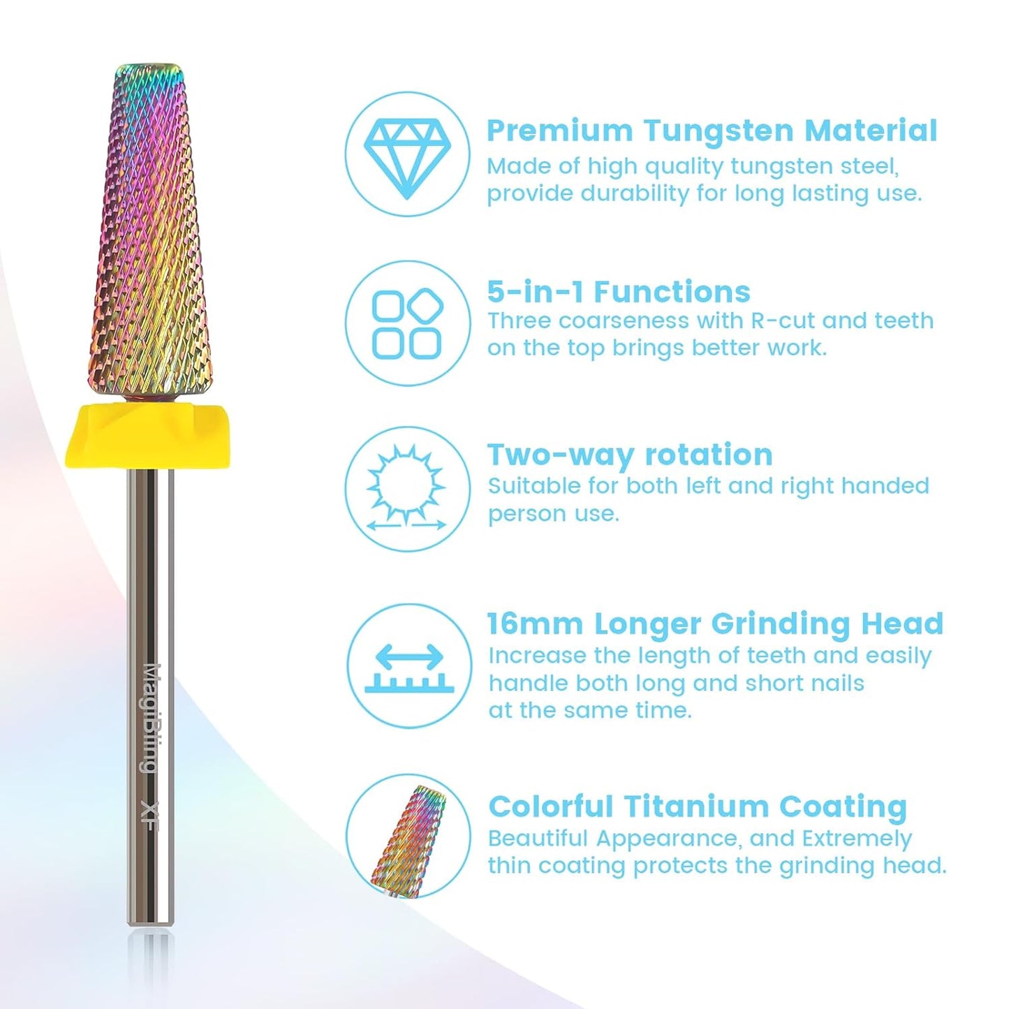 xf 5 in 1 Nail Drill Bits, 16mm Tapered 3/32'' Professional Tungsten Carbide Bits for Efile, 2 Rotation for Electric Drill, Remove Thin Gel, Manicure Cuticle Gel Polishing, Techs Bits, Extra Fine.