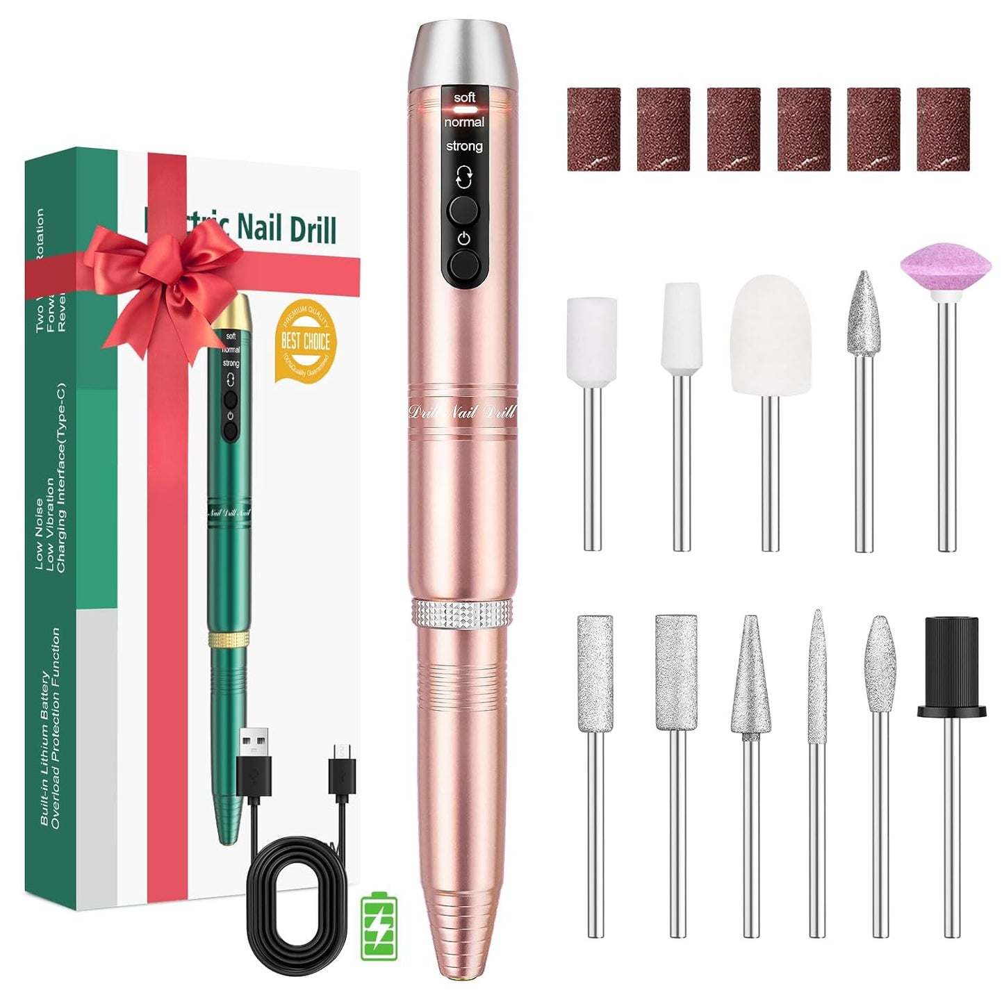 Cordless Nail Drill, Portable Electric Nail File with 11 in 1 Nail Drill Bits for Acrylic Gel Dip Powder Nails, Rechargable Efile Nail Drill Machine Kit for Home Manicure Pedicure, Gold