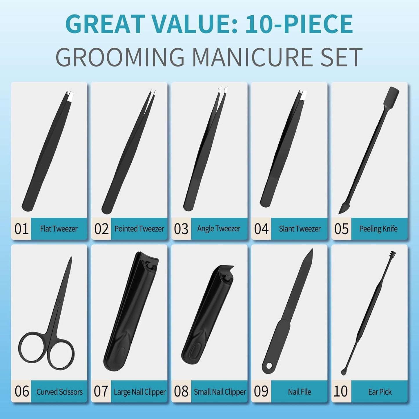 Manicure Set 10 in 1 Stainless Steel Nail Clippers Scissors Tweezers Grooming Kit with Travel Case (Black)
