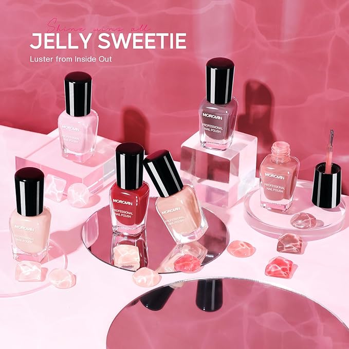 Morovan Jelly Nail Polish Set: Sheer Glass Pink Nude Fingernail Polish Kit Quick Air Dry Regular Neutral Mini Finger Toe Nail Polish DIY Manicure Art Salon Gift for Women Girl