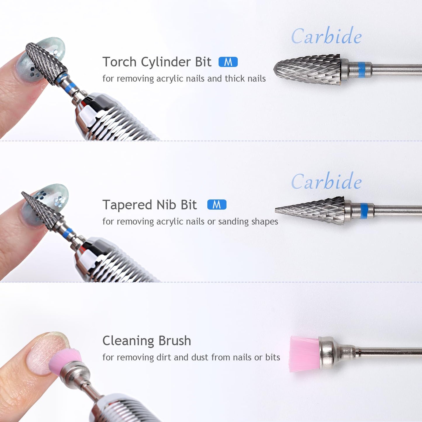 Nail Drill Bits Set, 9PCS Cuticle Cleaner & Carbide Bits for Acrylic Nails, Manicure Pedicure Remover Tools, Professional Nail Salon Supplies, fresas para drill nails - 3/32" Shank