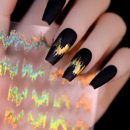 Laser Acoustic Wave Nail Art Stickers, Self-Adhesive 3D High Gloss Reflective Silk Glitter Vertical Strip Nail Decals Decorations (6 Sheets)