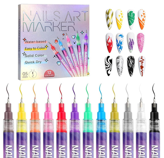 12 Color Nail Art Pens Set, 0.5mm Fine Tip Nail Polish Pen for Precise DIY Nails Art Design at Home, Quick-Dry & Waterproof, Nail Art Painting Pens Kit for Beginners