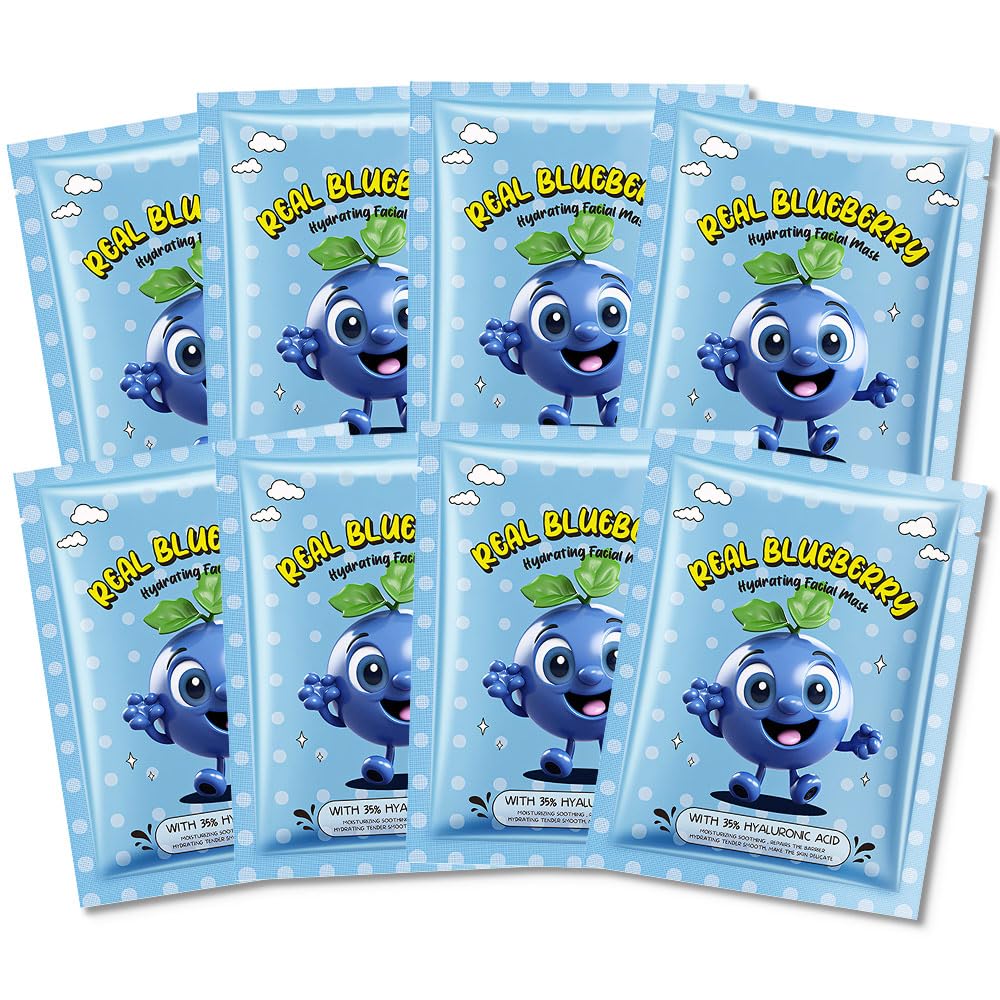 8 PCS Real Hydrating Nature Face Masks Skincare, Hyaluronic Acid, Vitamin C and E, Chamomile, Korean Beauty Essence Facial Paper Sheet Mask for Skin Care Moisturizing (Blueberry)