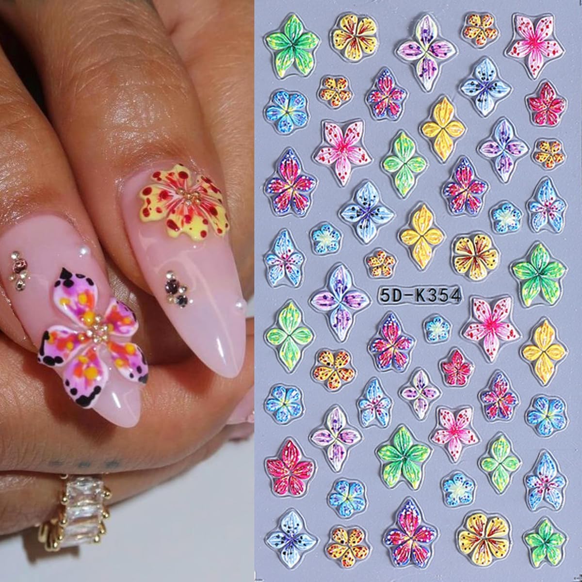 3 Sheets Colorful Flower Nail Stickers, Summer Embossed Lily Nail Decals, 5D Self-Adhesive Nail Design Stickers for Daily Festival DIY Spring Summer Floral Manicure Decoration Supplies