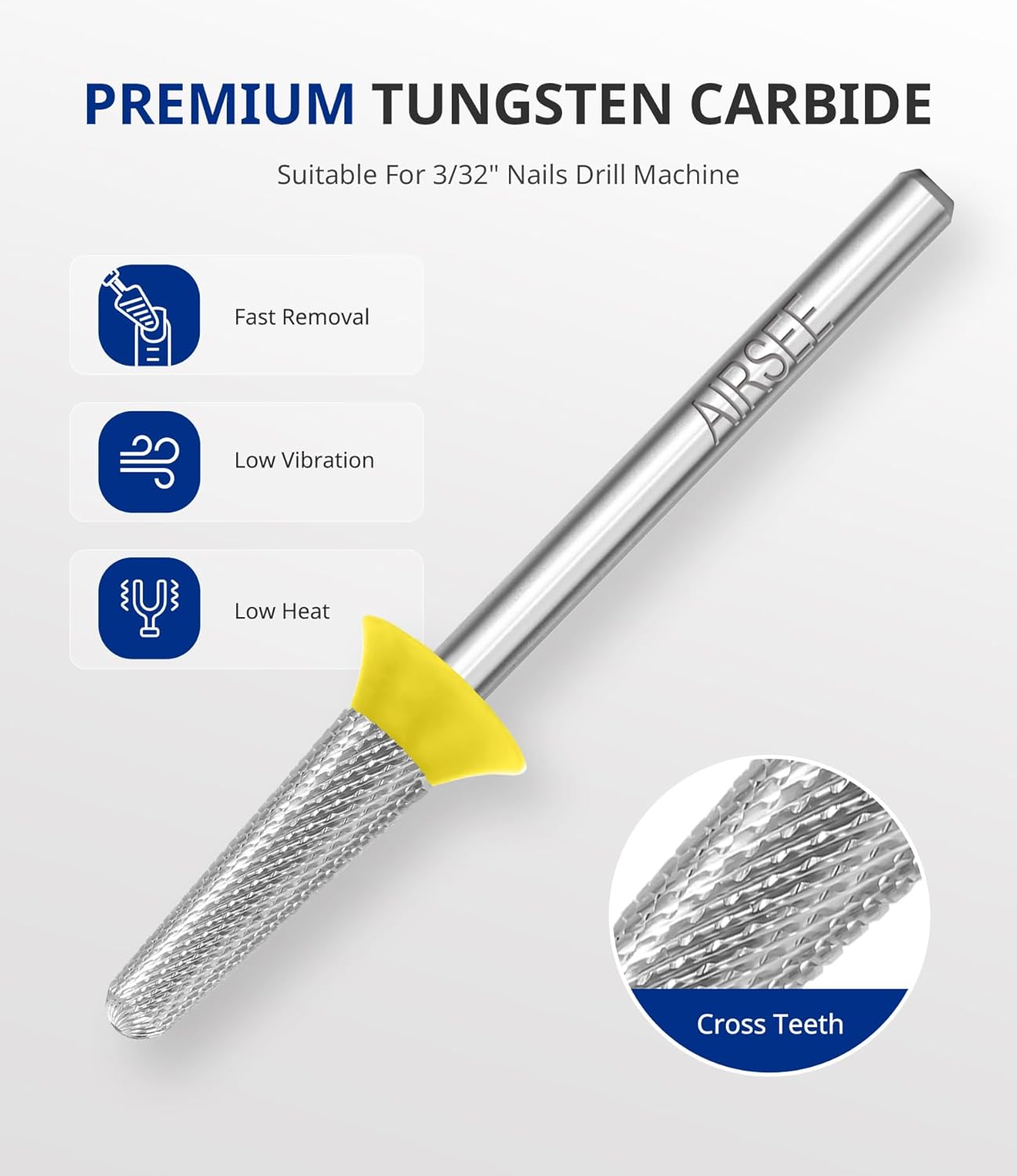 AIRSEE Tungsten Carbide Acrylic Nail Drill Bit Efile Electric File Machine Head Tip for Manicure Polishing Art Remove Gel 3/32" 2 Way Safety Use Ball Top Tapered Bit Cone Shape Extra Fine-XF