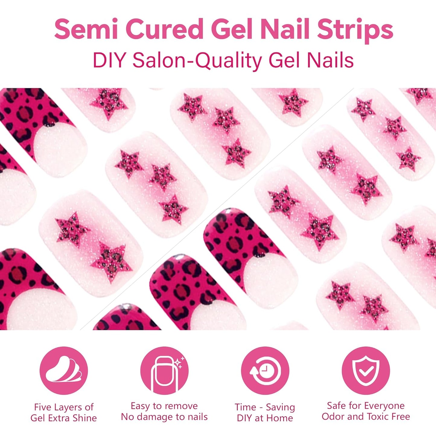 Semi Cured Gel Nail Strips-Sizzling Rose Star & Leopard Design, Fast Cure, Glossy Finish, Durable, Easy DIY Nail Art for Parties & Holidays Works with Any UV/LED Lamps(Starry Wild Child)