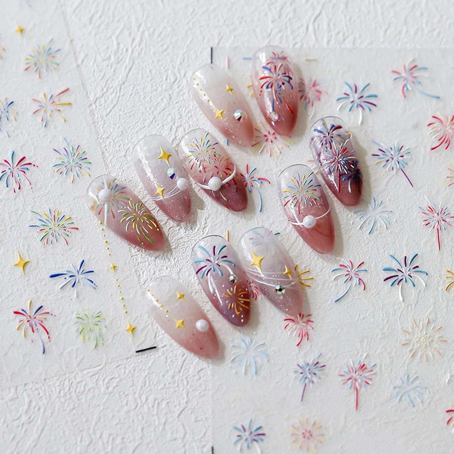 Holographic Firework Nail Art Stickers, Independence Day Patriotic Design, Sparkling Starry Sky Decals for Manicure, 2 Sheets