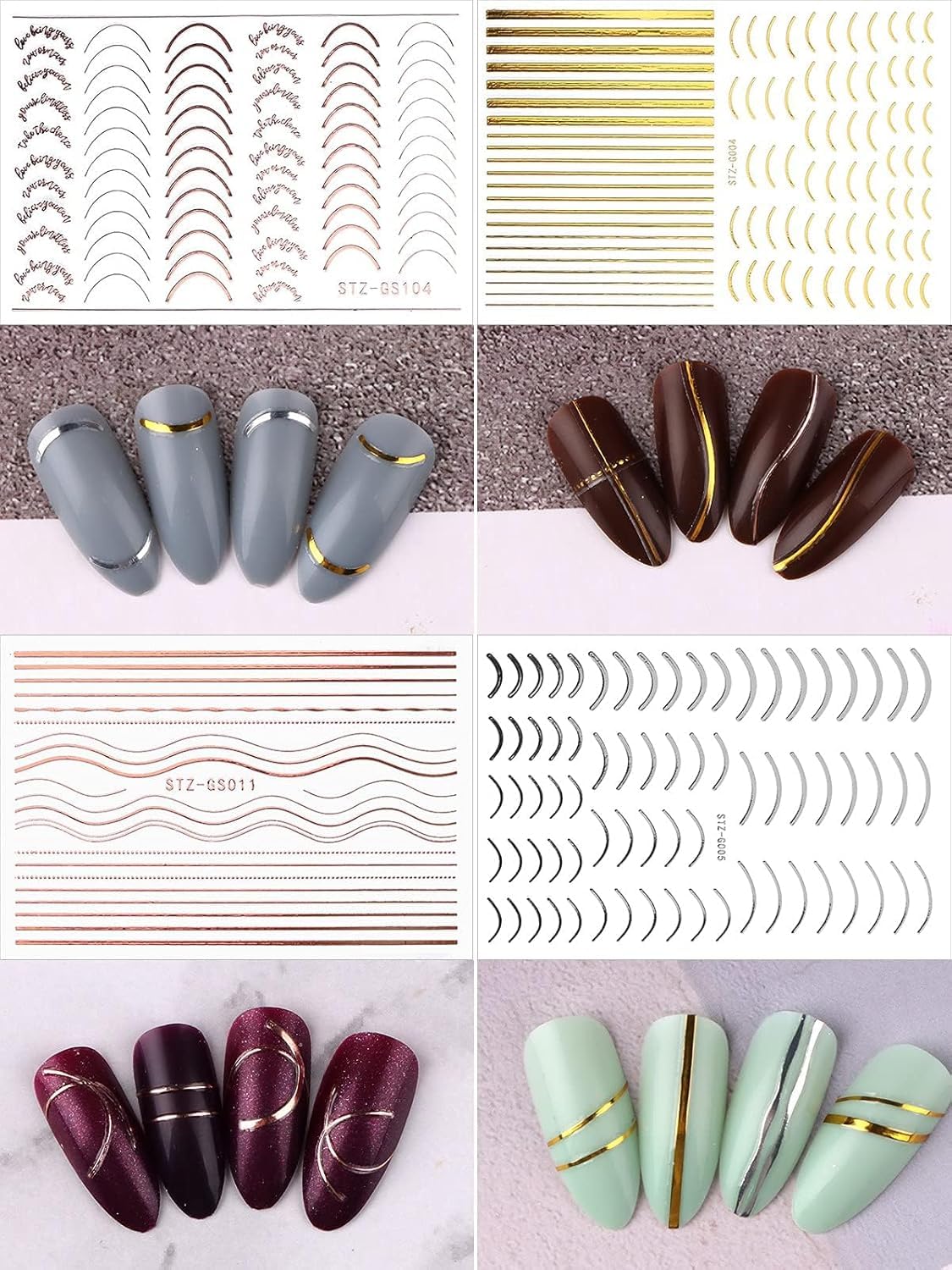 EBANKU 12 Sheets Gold Silver Metal Nail Stickers, Metallic Curve Strip Line Nail Decal Self-Adhesive 3D Wave Design DIY Decoration for Women Girls