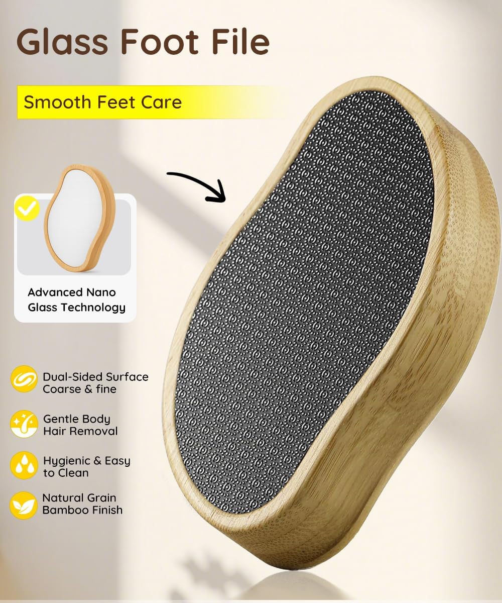 2 Sided Crystal Hair Eraser & Glass Foot File Callus Remover for Woman 2 in 1 - Natural Bamboo Crystal Hair Remover,Nano Glass Foot Scraper Scrubber Dead Skin Removal for Cracked Heels